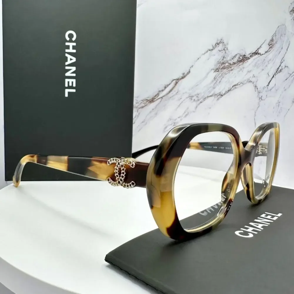 New CHANEL Eyeglasses Brown Gold Chain CC Square Acetate Womens - Picture 12 of 16